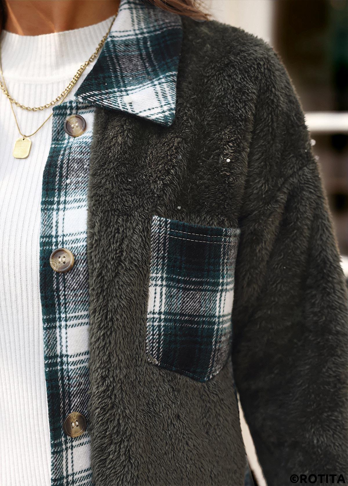 Blackish Green tops,Plaid tops,Plush Plaid Blackish Green Turn Down Collar Coat