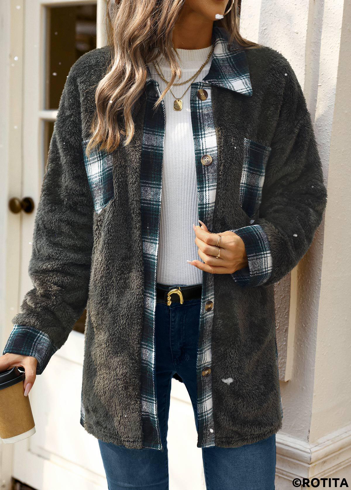 Blackish Green tops,Plaid tops,Plush Plaid Blackish Green Turn Down Collar Coat