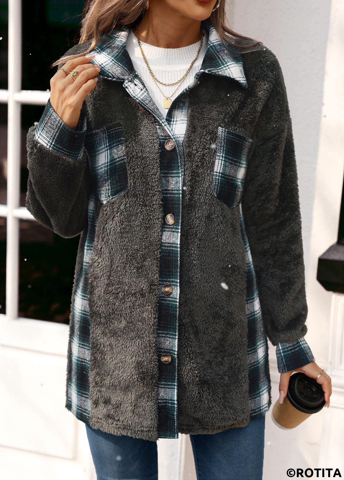 Blackish Green tops,Plaid tops,Plush Plaid Blackish Green Turn Down Collar Coat