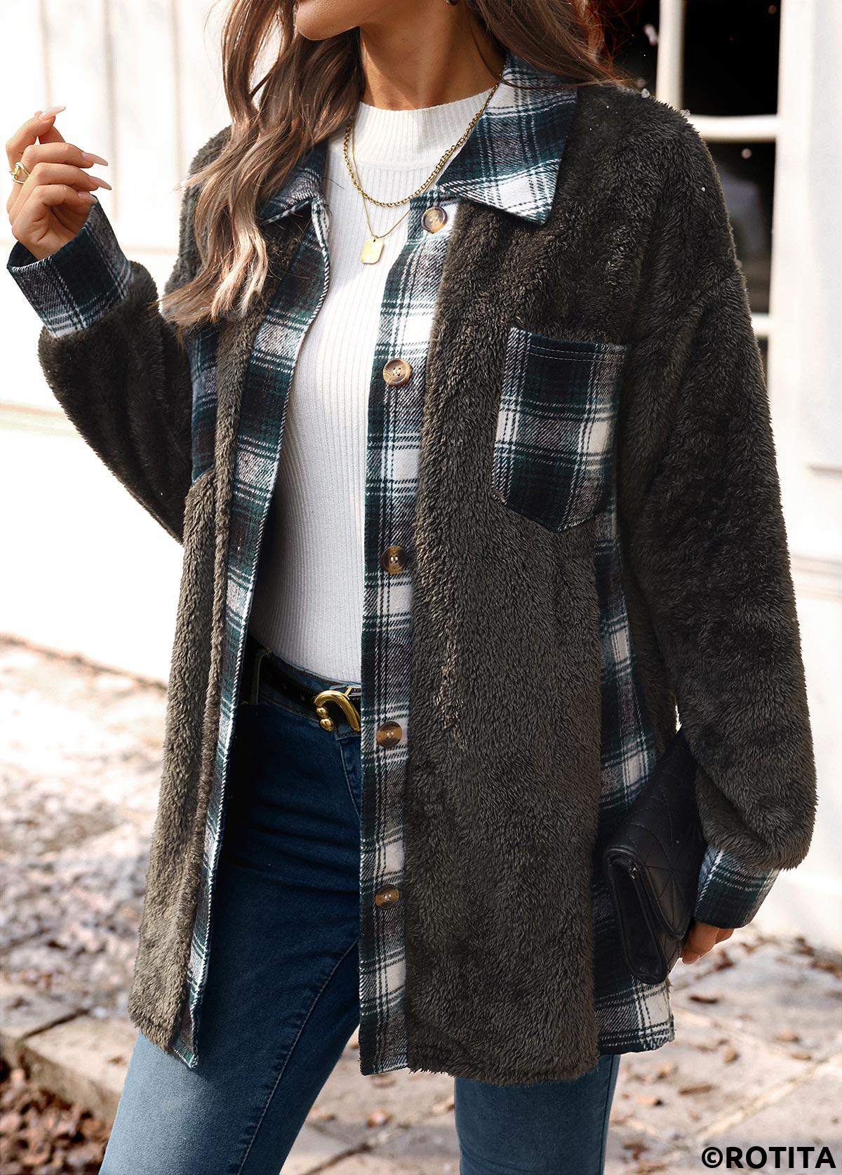 Blackish Green tops,Plaid tops,Plush Plaid Blackish Green Turn Down Collar Coat