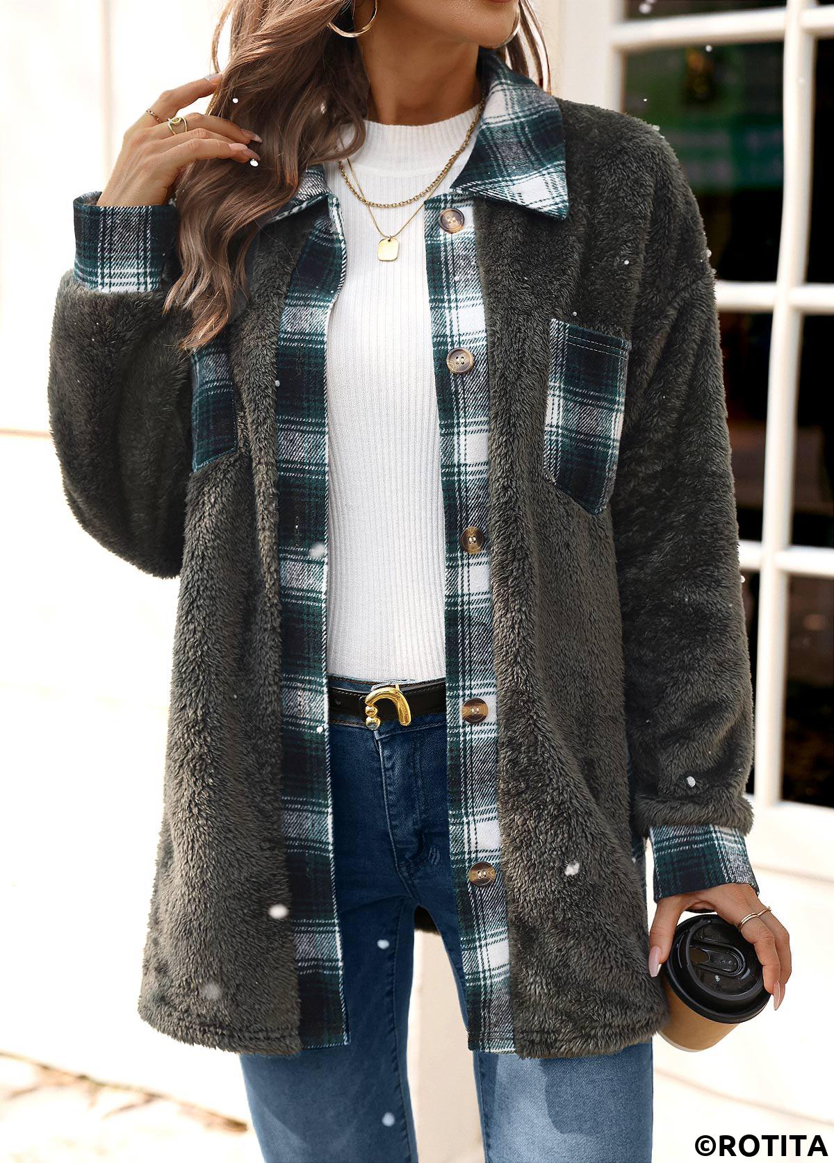 Blackish Green tops,Plaid tops,Plush Plaid Blackish Green Turn Down Collar Coat
