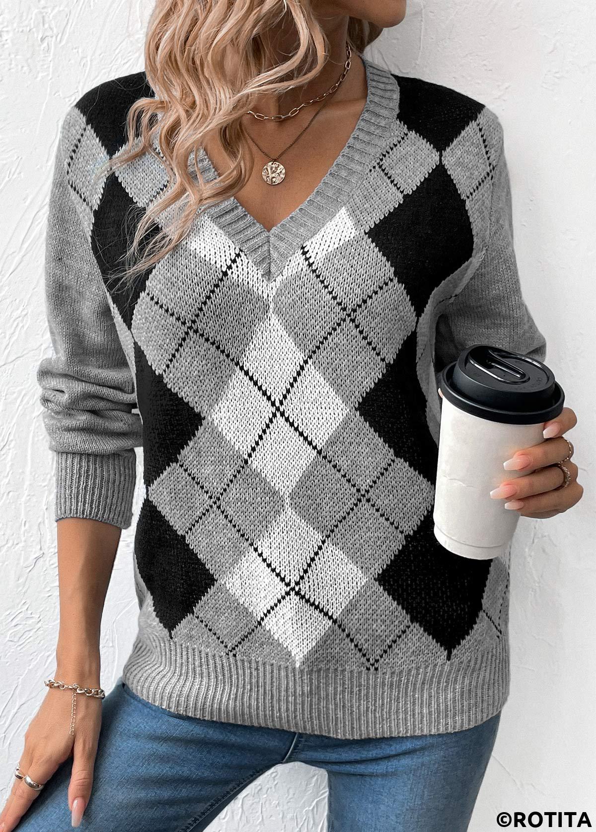 Grey tops,Geometric tops,Plaid tops,Patchwork Plaid Grey V Neck Long Sleeve Sweater