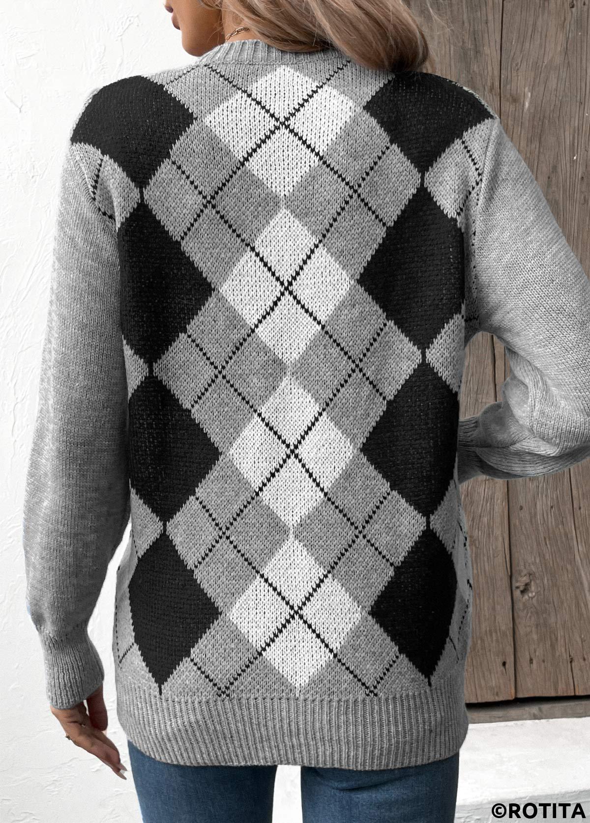 Grey tops,Geometric tops,Plaid tops,Patchwork Plaid Grey V Neck Long Sleeve Sweater