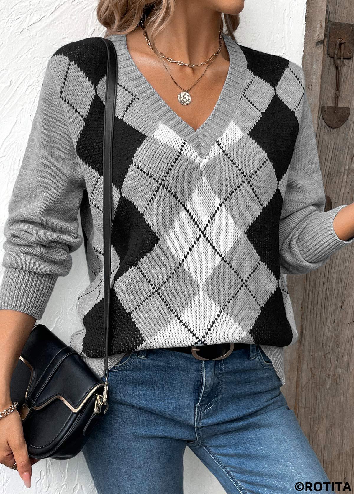 Grey tops,Geometric tops,Plaid tops,Patchwork Plaid Grey V Neck Long Sleeve Sweater