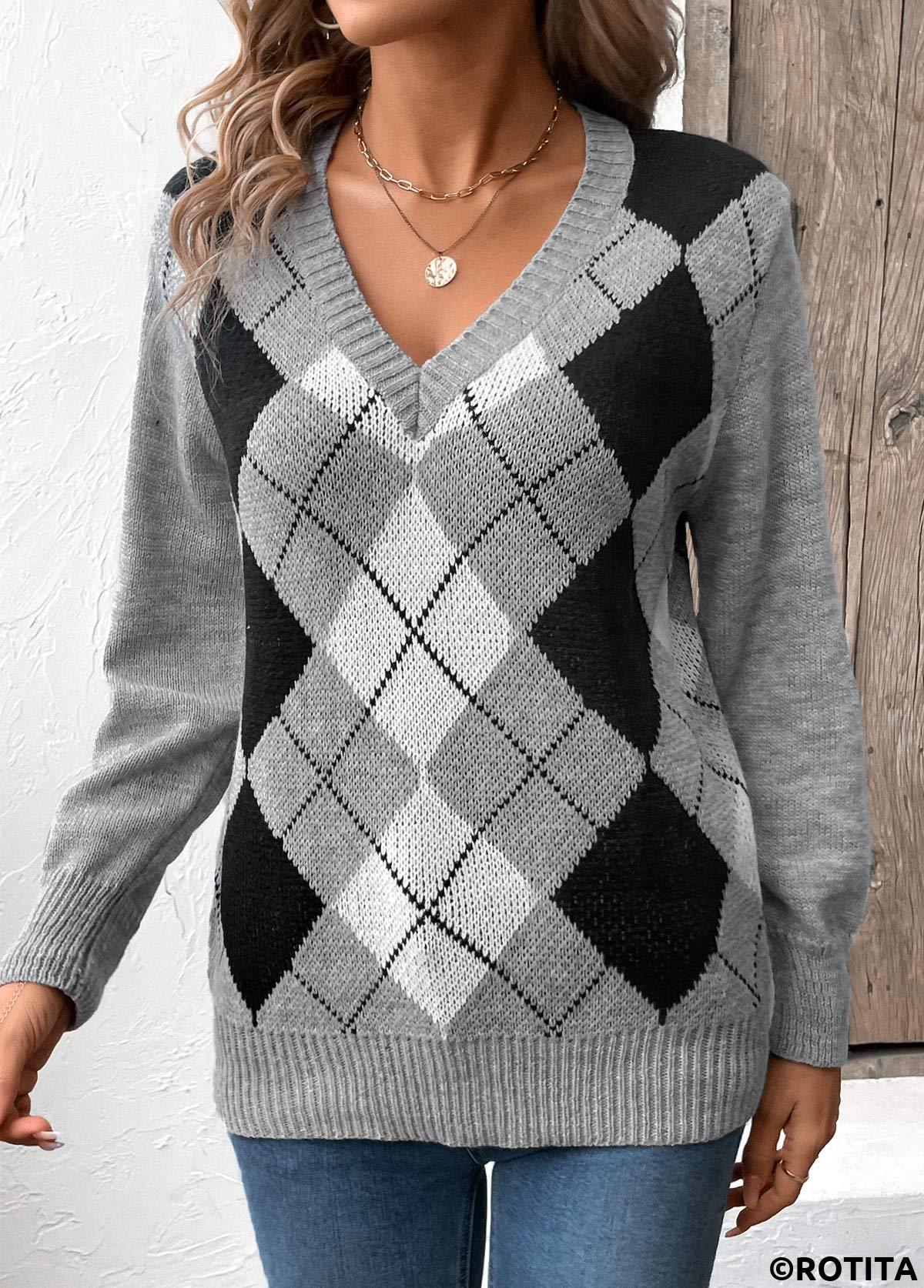 Grey tops,Geometric tops,Plaid tops,Patchwork Plaid Grey V Neck Long Sleeve Sweater