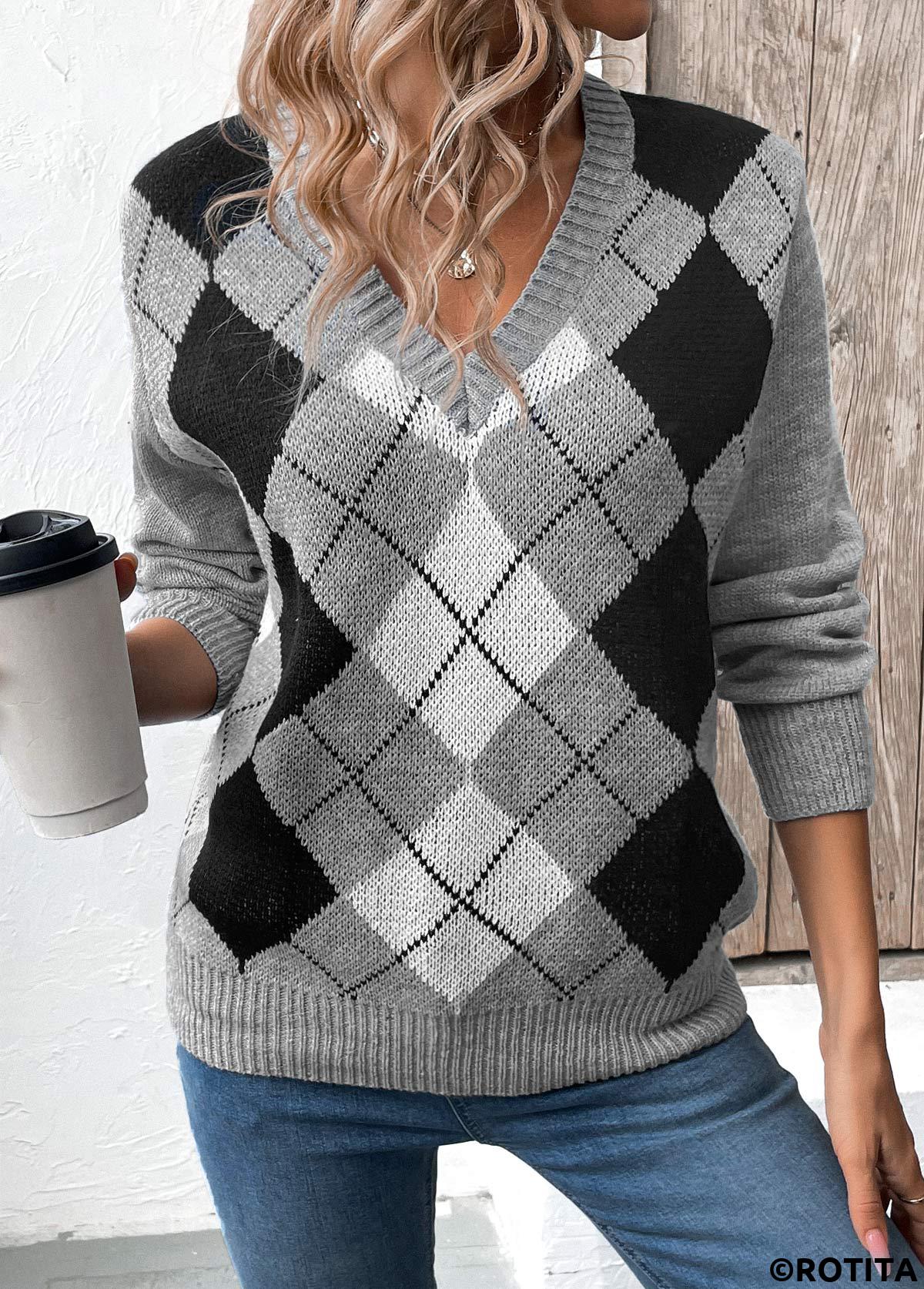 Grey tops,Geometric tops,Plaid tops,Patchwork Plaid Grey V Neck Long Sleeve Sweater