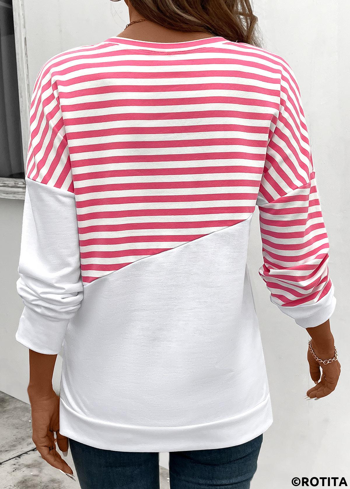 Rotita-Patchwork-Sweatshirt mit langen Ärmeln und gestreiftem rosa Rundhalsausschnitt
