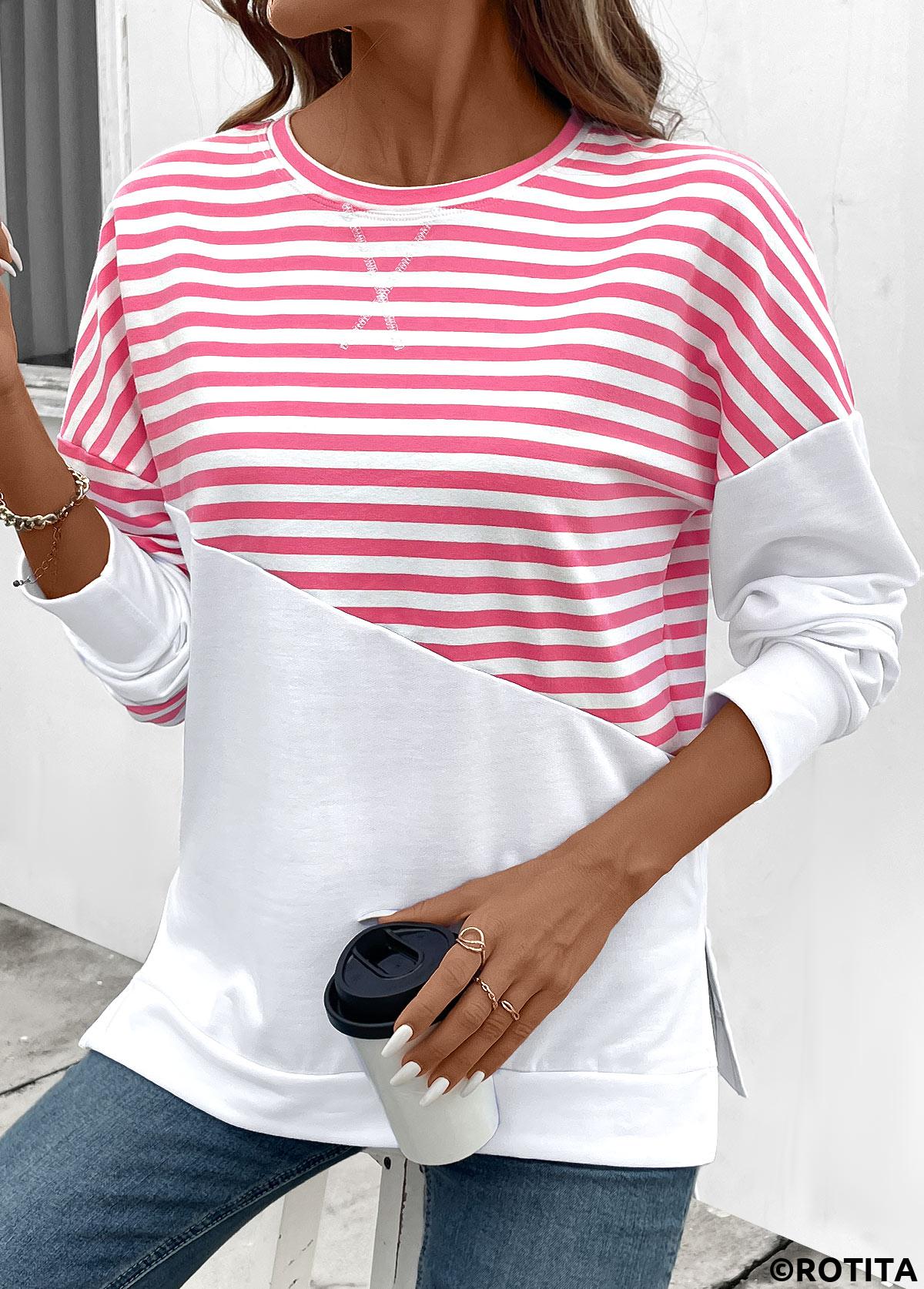 Rotita-Patchwork-Sweatshirt mit langen Ärmeln und gestreiftem rosa Rundhalsausschnitt