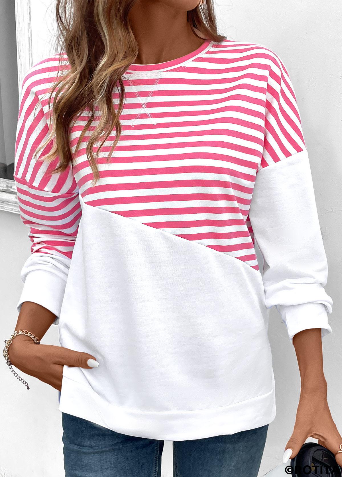 Rotita-Patchwork-Sweatshirt mit langen Ärmeln und gestreiftem rosa Rundhalsausschnitt
