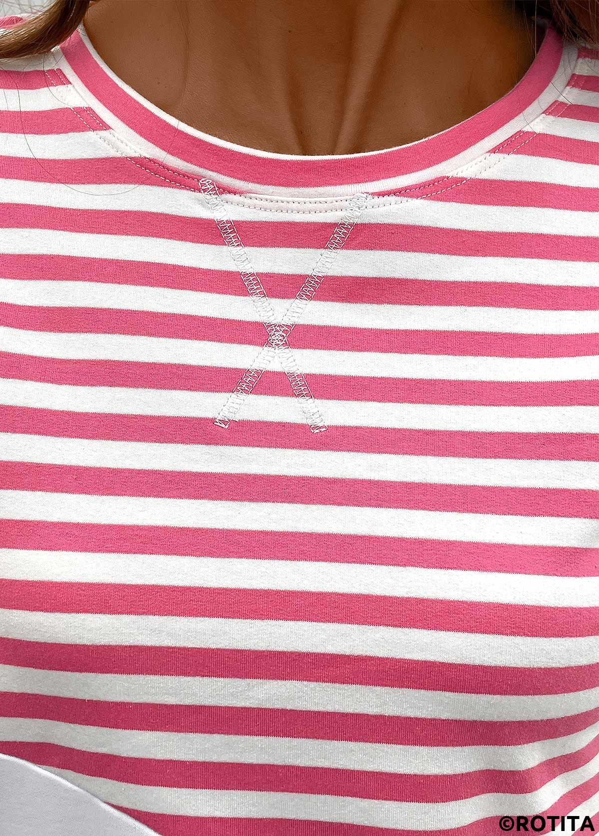 Rotita-Patchwork-Sweatshirt mit langen Ärmeln und gestreiftem rosa Rundhalsausschnitt