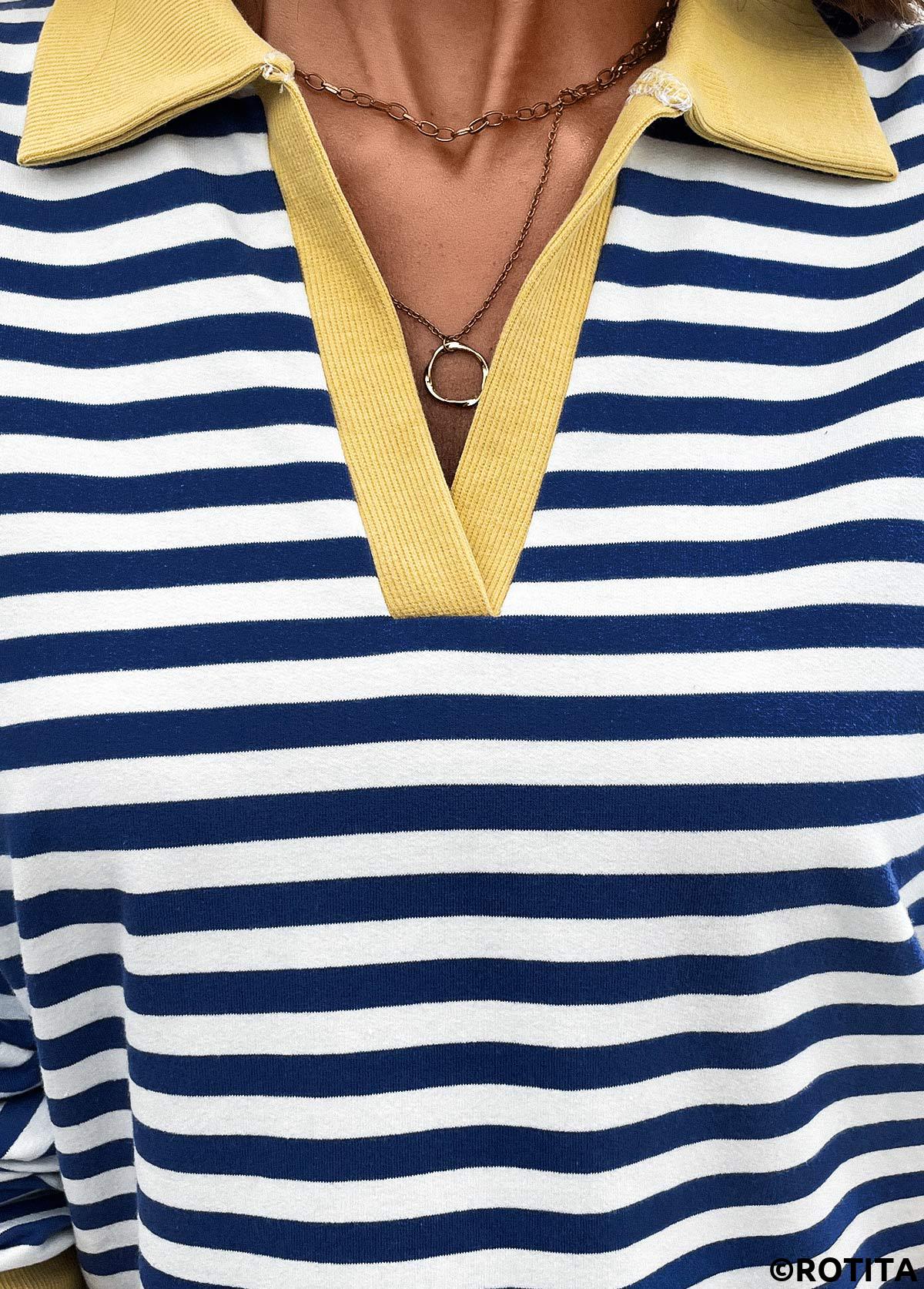 Navy tops,Striped tops,Geometric tops,ROTITA Patchwork Striped Navy Turn Down Collar T Shirt