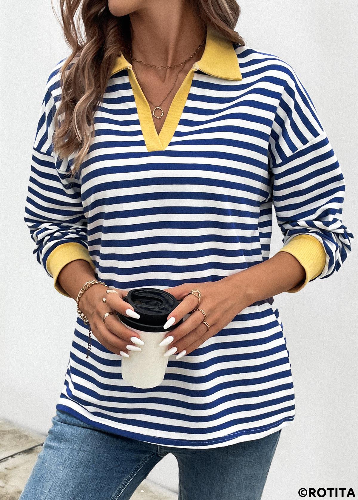 Navy tops,Striped tops,Geometric tops,ROTITA Patchwork Striped Navy Turn Down Collar T Shirt