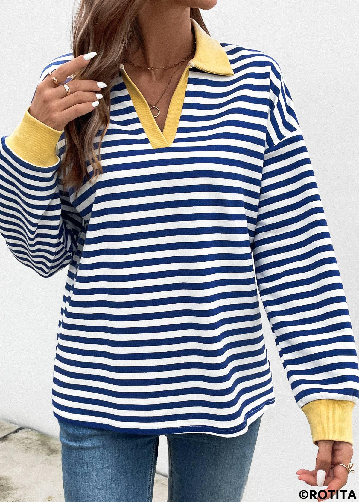 Navy tops,Striped tops,Geometric tops,ROTITA Patchwork Striped Navy Turn Down Collar T Shirt
