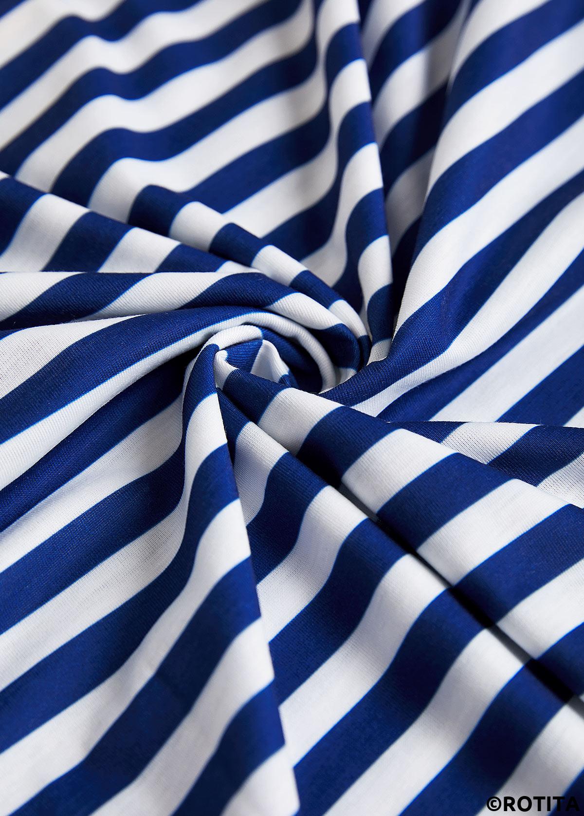 Navy tops,Striped tops,Geometric tops,ROTITA Patchwork Striped Navy Turn Down Collar T Shirt