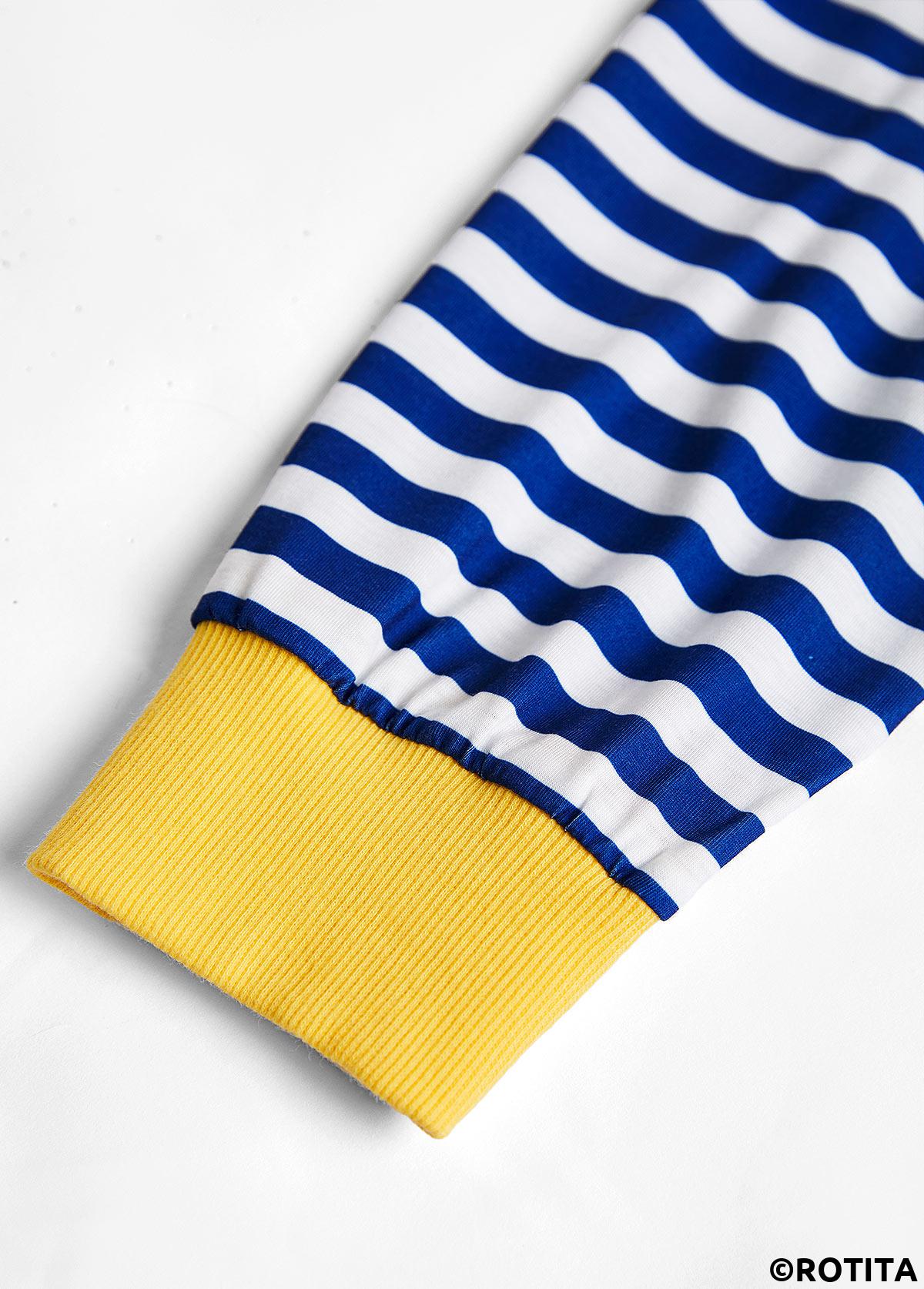 Navy tops,Striped tops,Geometric tops,ROTITA Patchwork Striped Navy Turn Down Collar T Shirt