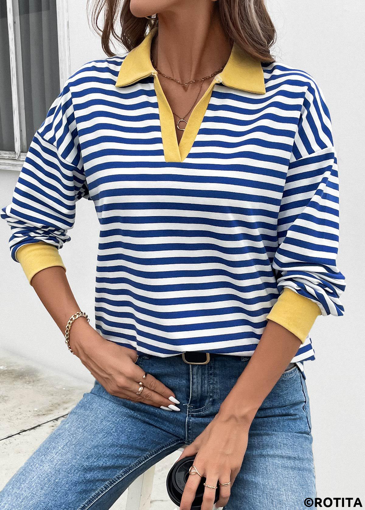 Navy tops,Striped tops,Geometric tops,ROTITA Patchwork Striped Navy Turn Down Collar T Shirt