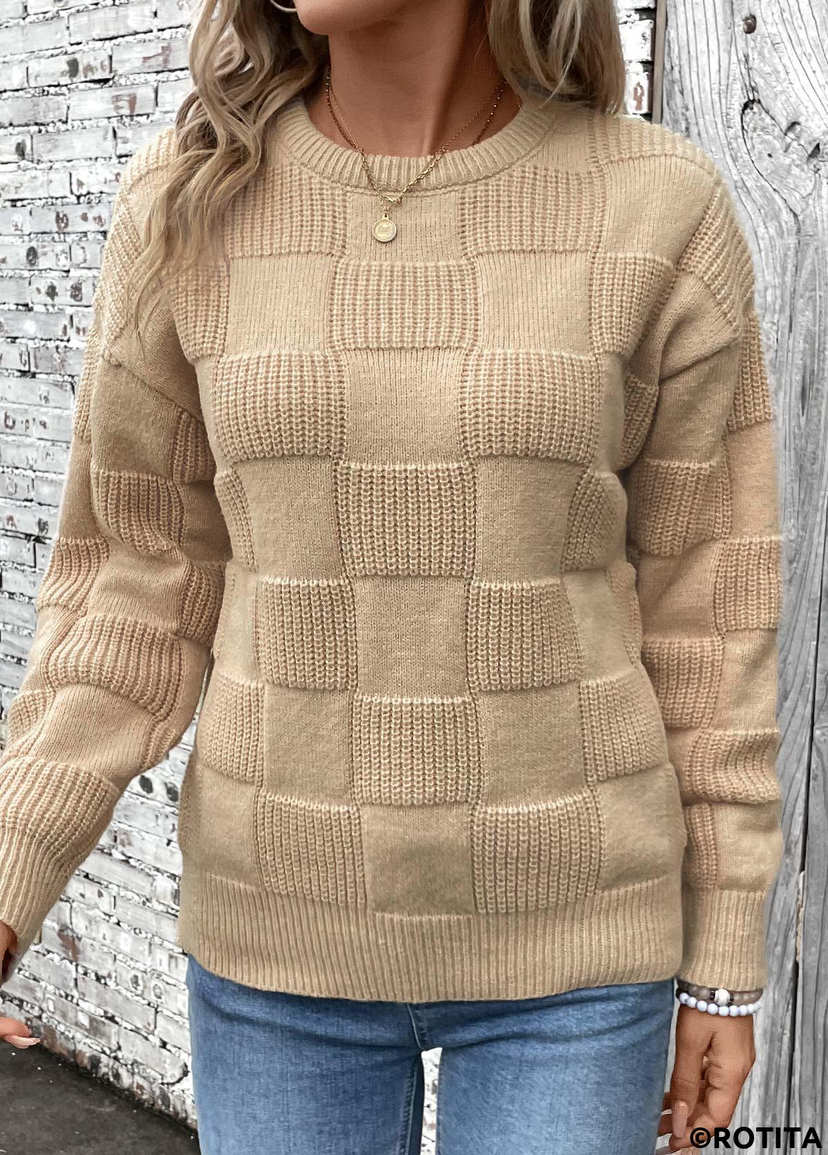 Light Coffee tops,Plain Color tops,Patchwork Light Coffee Round Neck Long Sleeve Sweater