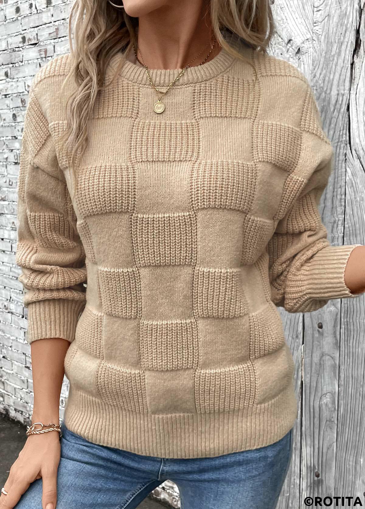 Light Coffee tops,Plain Color tops,Patchwork Light Coffee Round Neck Long Sleeve Sweater
