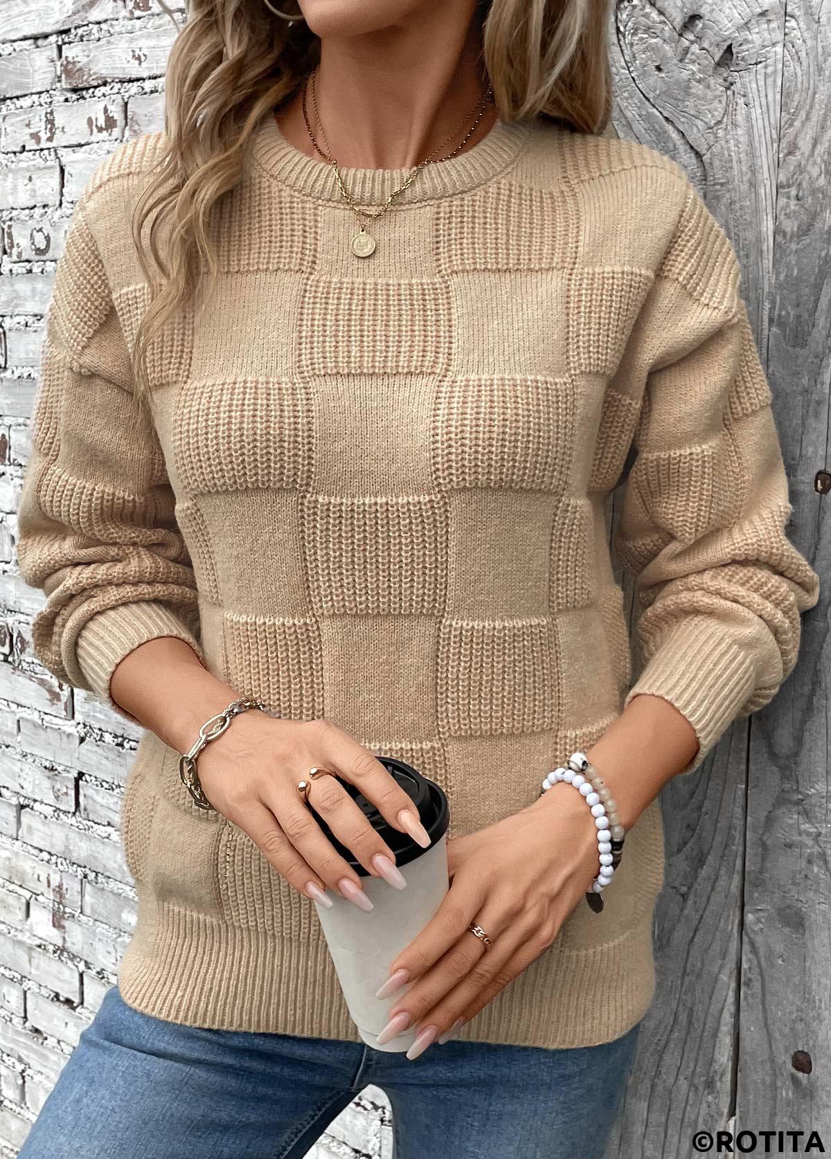 Light Coffee tops,Plain Color tops,Patchwork Light Coffee Round Neck Long Sleeve Sweater