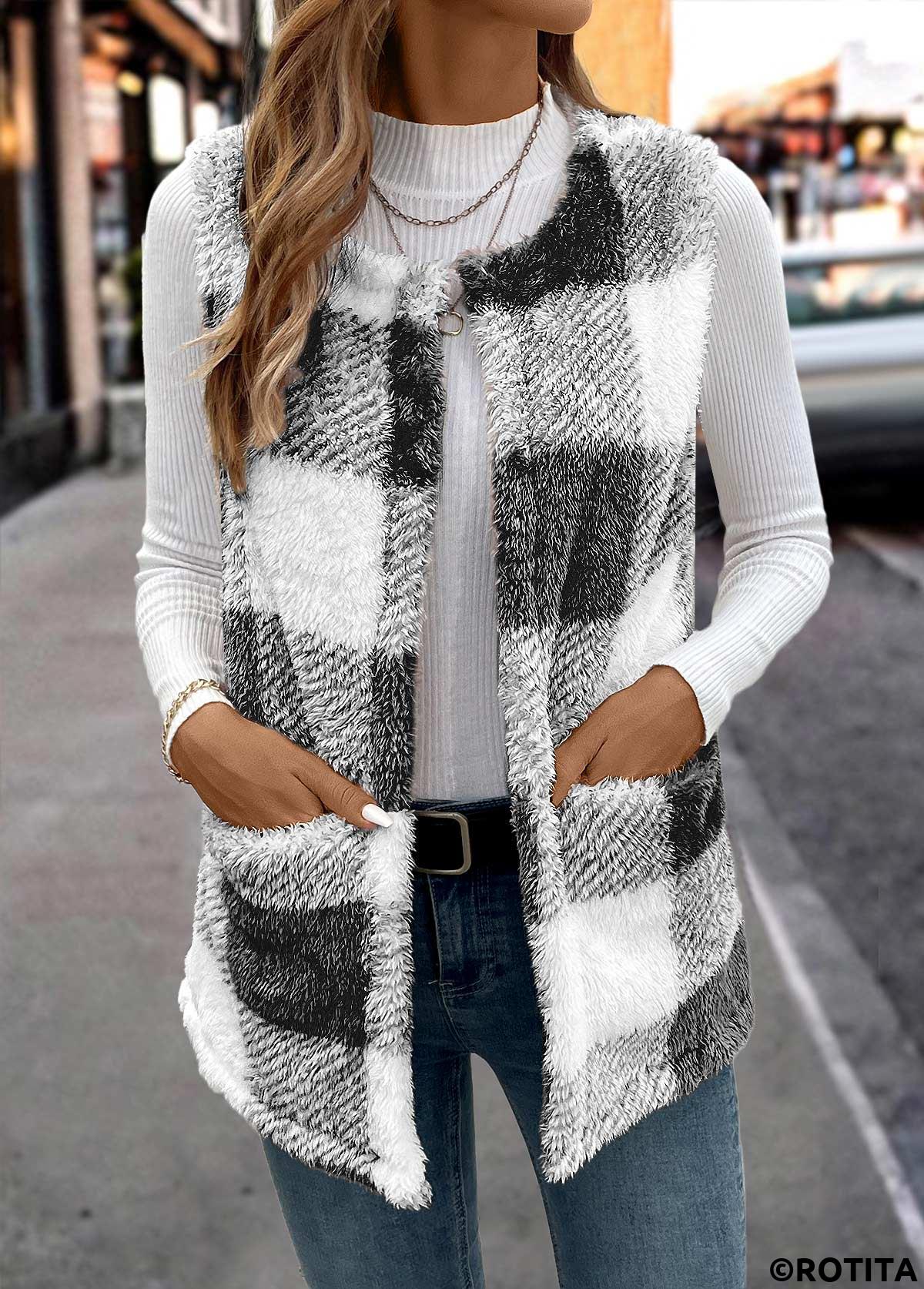 Black tops,Geometric tops,Plaid tops,Faux Fur Plaid Black Round Neck Sleeveless Waistcoat