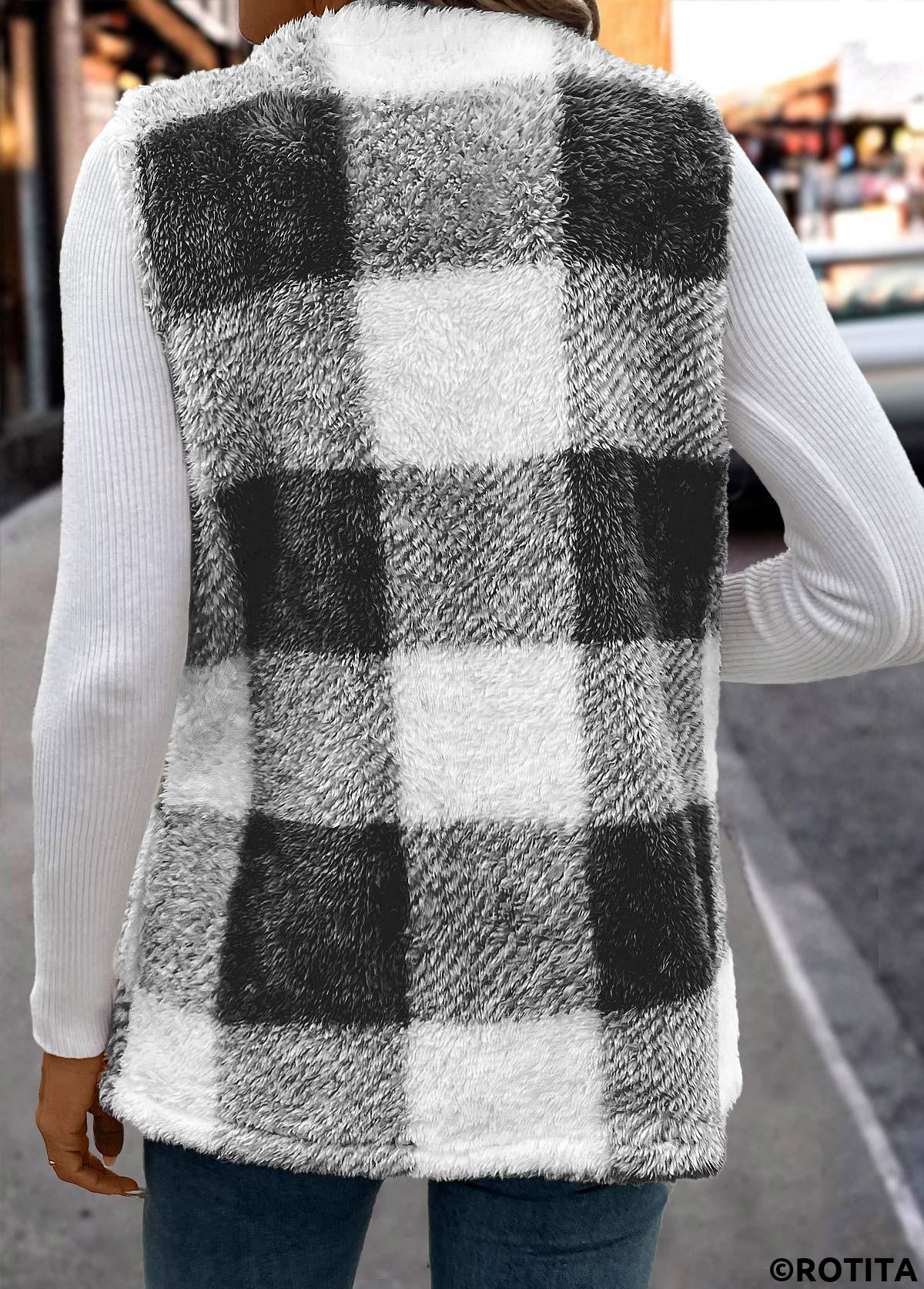 Black tops,Geometric tops,Plaid tops,Faux Fur Plaid Black Round Neck Sleeveless Waistcoat