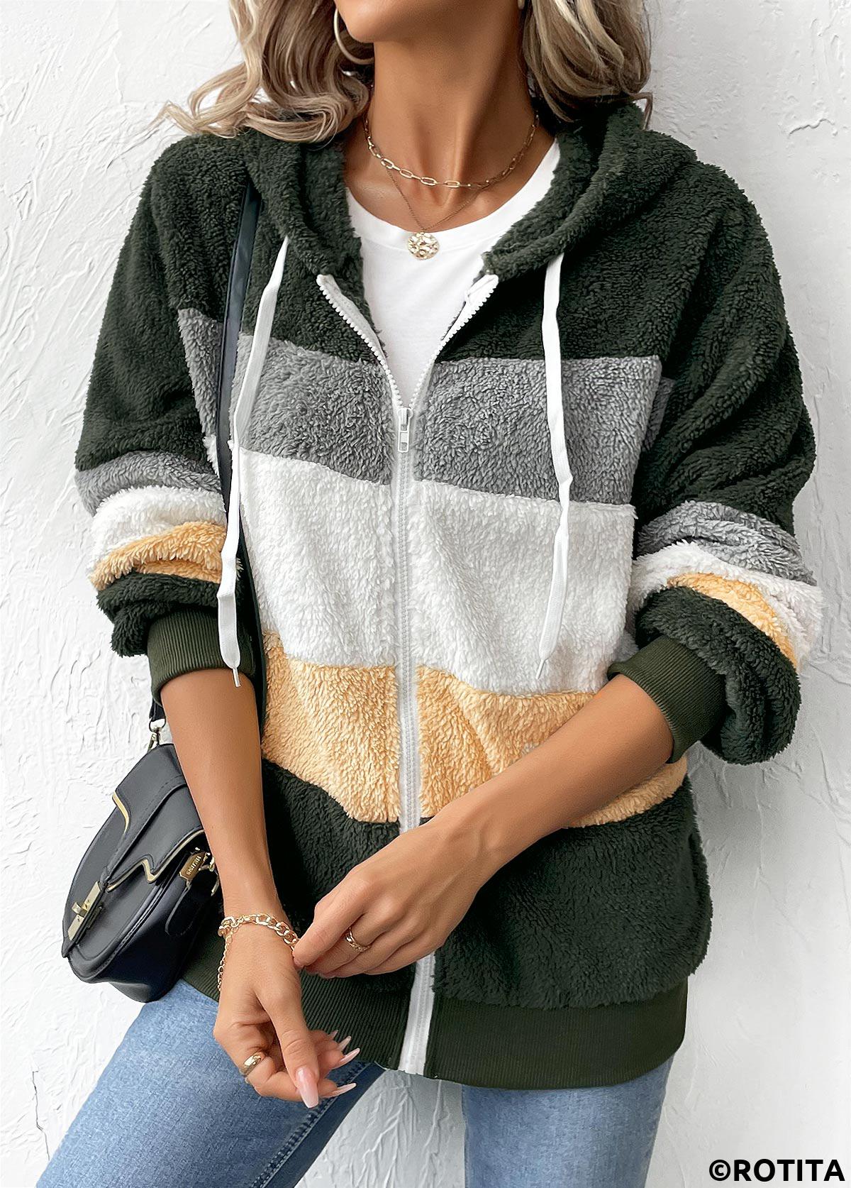 Olive Green tops,Contrast Color tops,Zipper Olive Green Hooded Long Sleeve Coat