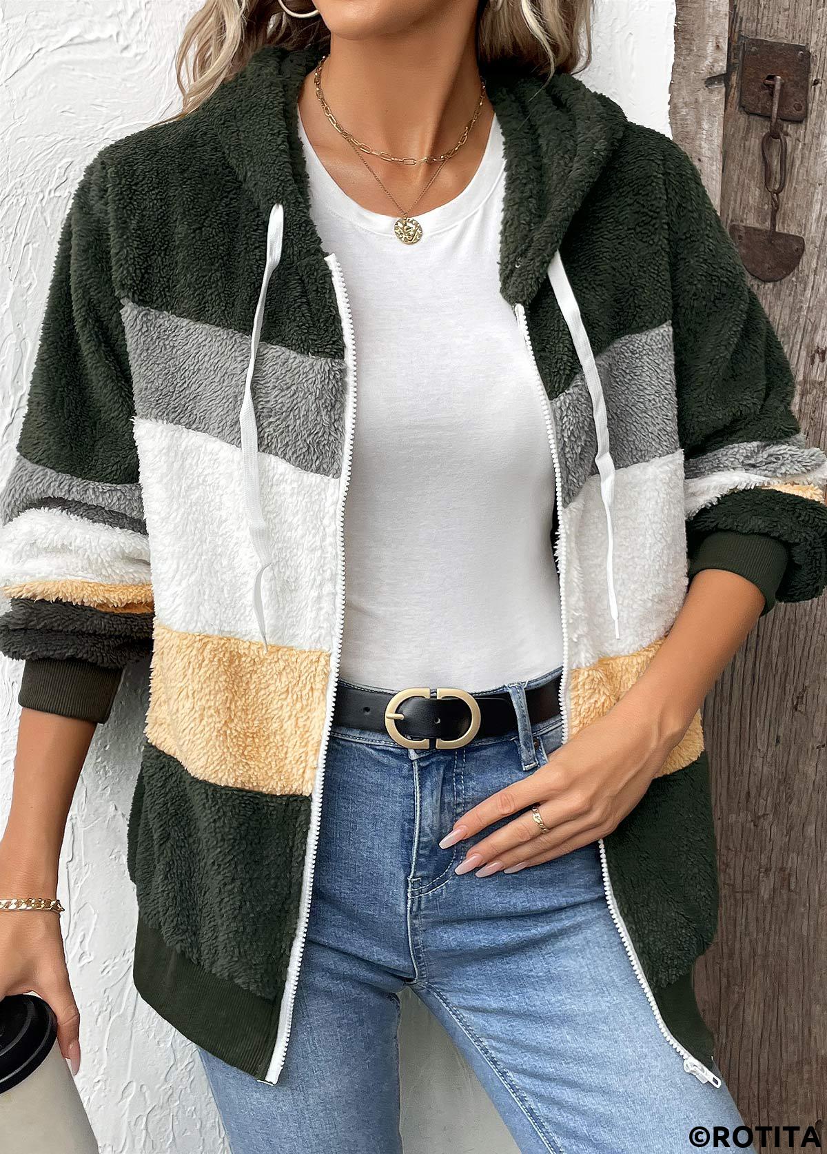 Olive Green tops,Contrast Color tops,Zipper Olive Green Hooded Long Sleeve Coat