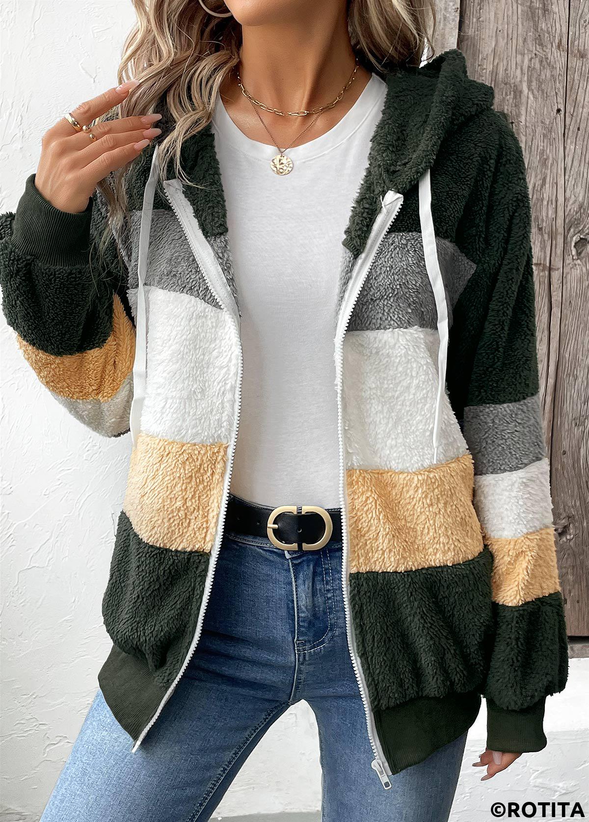 Olive Green tops,Contrast Color tops,Zipper Olive Green Hooded Long Sleeve Coat