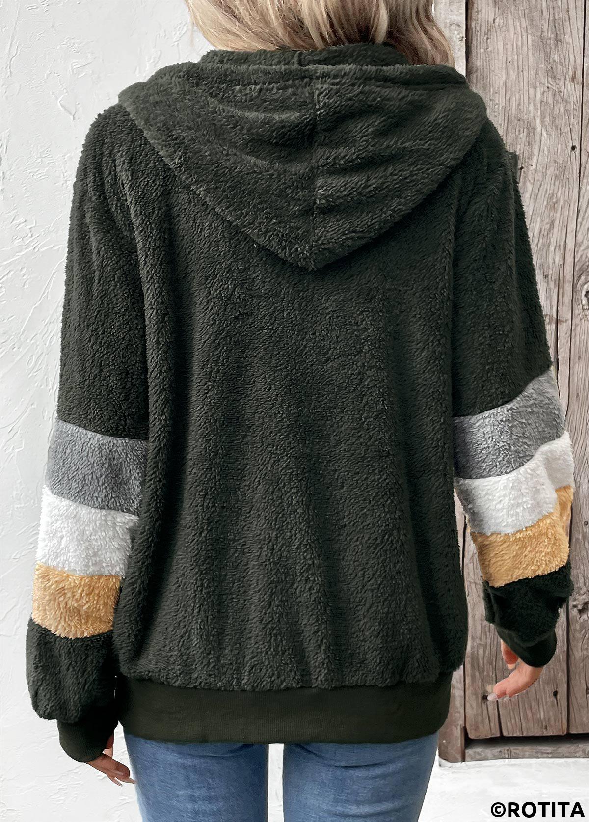 Olive Green tops,Contrast Color tops,Zipper Olive Green Hooded Long Sleeve Coat