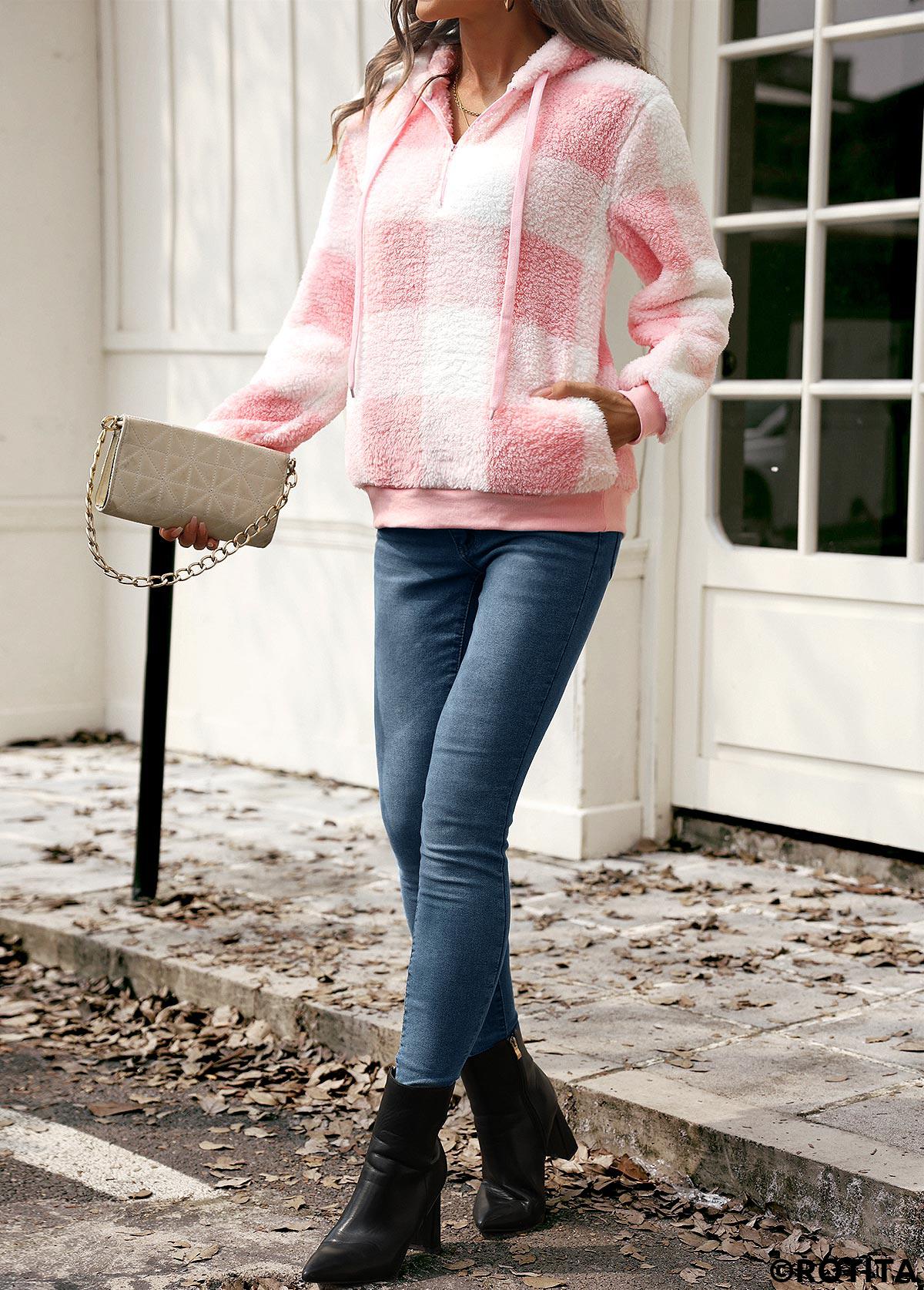 ROTITA Drawstring Plaid Pink Long Sleeve Hoodie