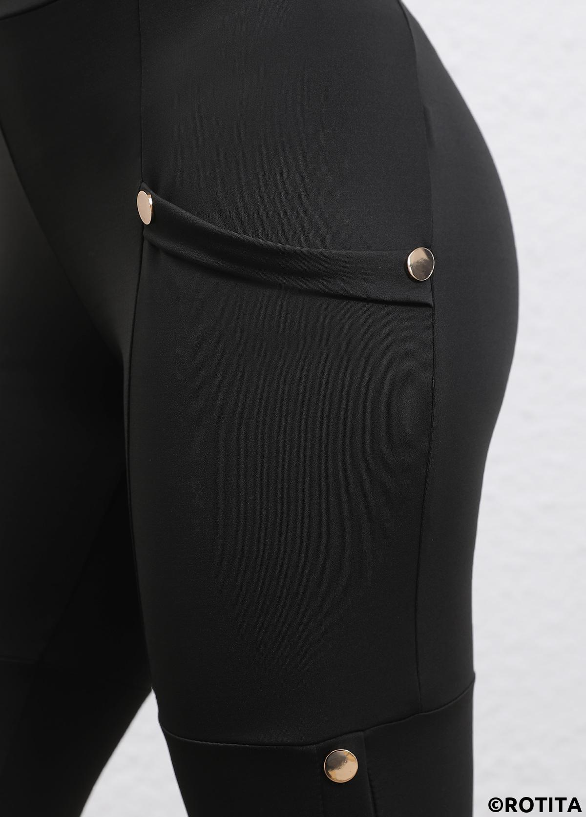 Button Black Skinny Elastic Waist High Waisted Pants