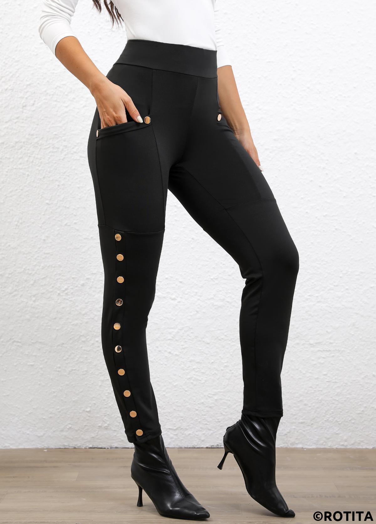 Button Black Skinny Elastic Waist High Waisted Pants