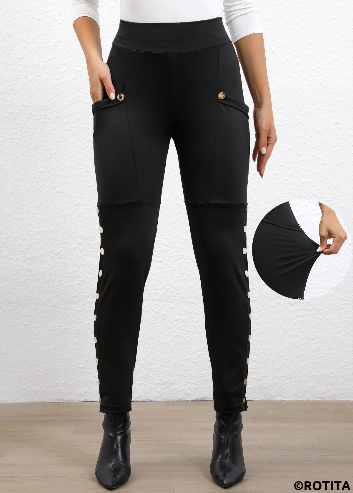 Black bottoms,Plain Color bottoms,Button Black Skinny Elastic Waist High Waisted Pants