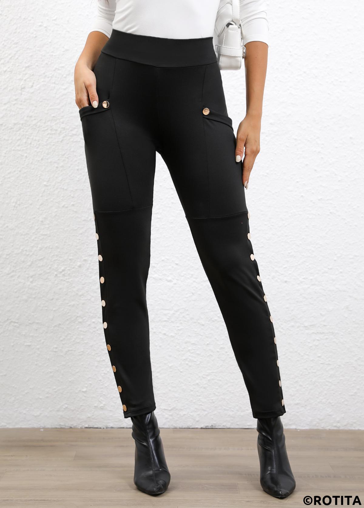 Button Black Skinny Elastic Waist High Waisted Pants