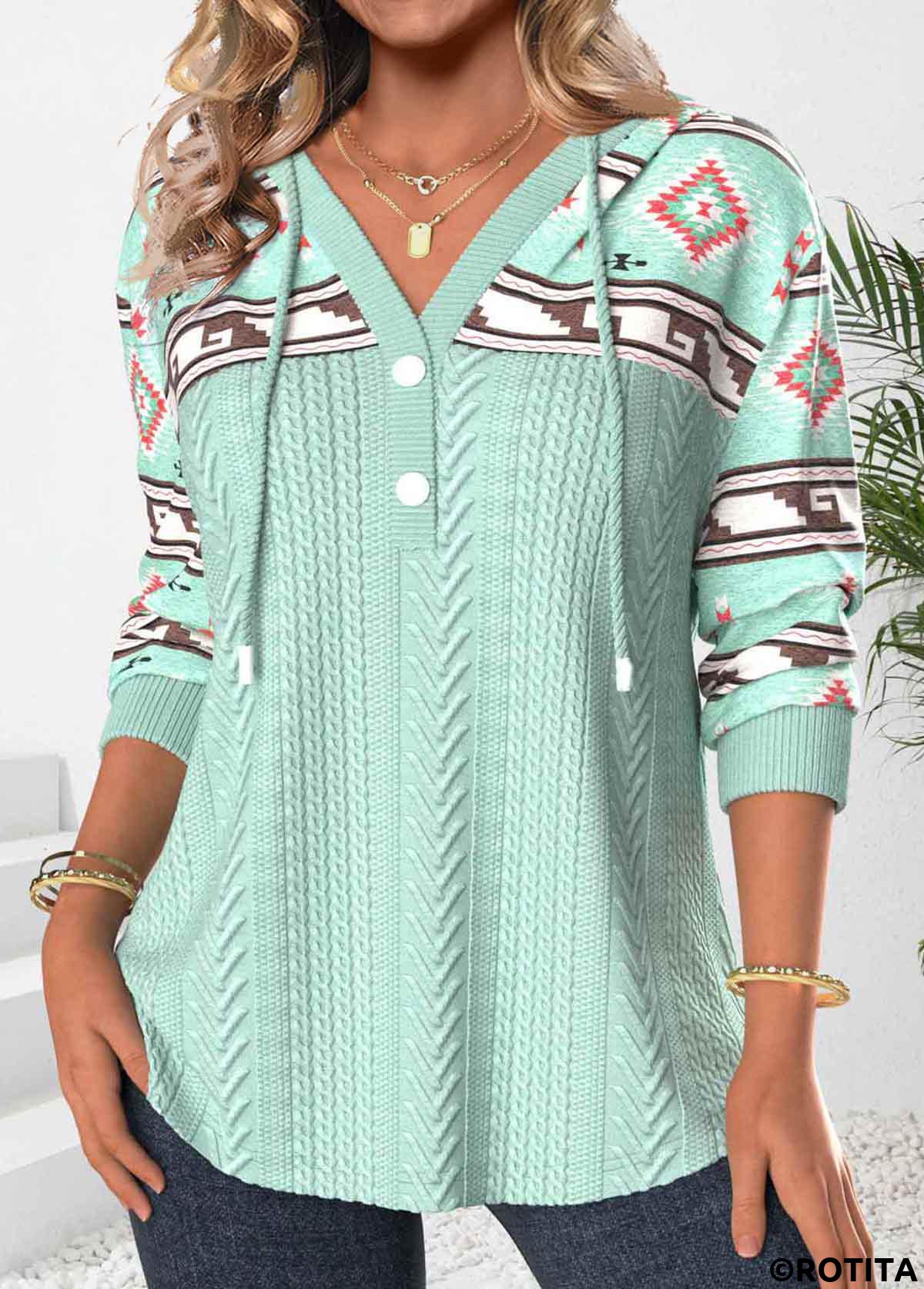 ROTITA Patchwork Tribal Print Green Long Sleeve Hoodie