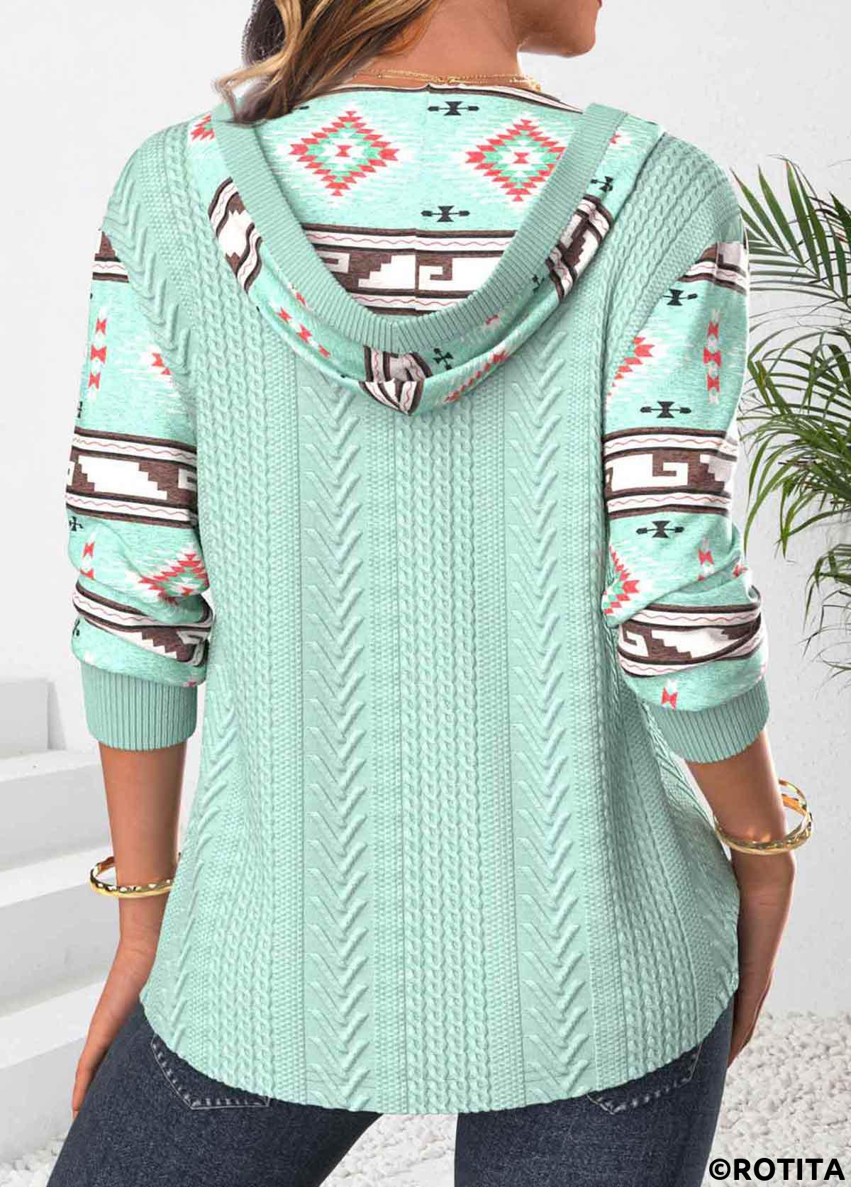 ROTITA Patchwork Tribal Print Green Long Sleeve Hoodie
