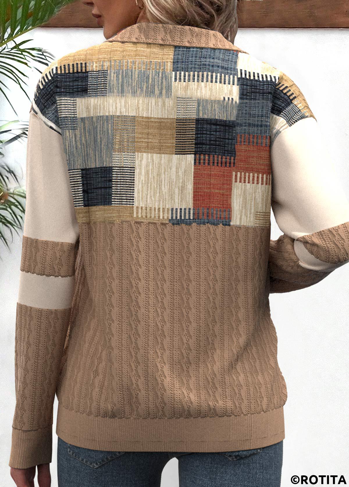 Sweatshirt mit V-Ausschnitt und Rotita-Reißverschluss und geometrischem Print in Hellkastanienbraun