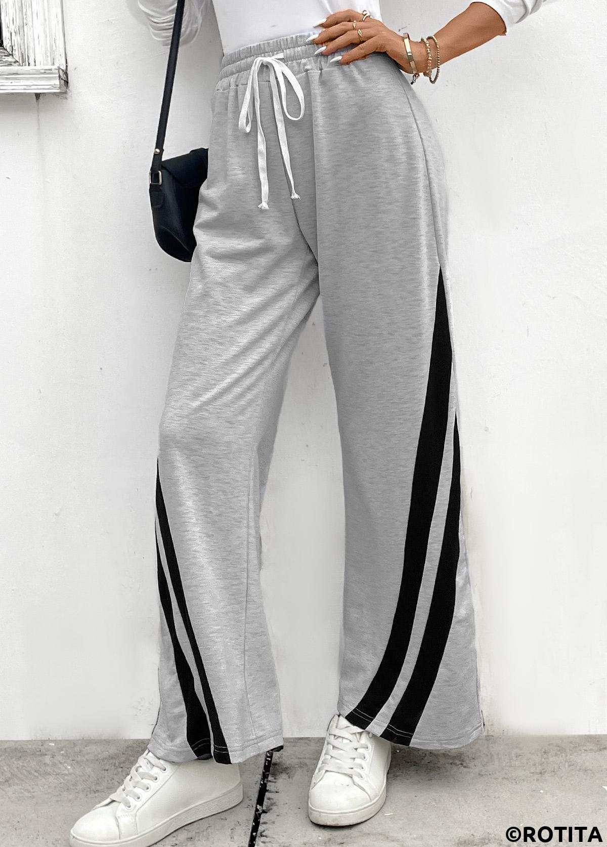 Grey bottoms,Contrast Color bottoms,Drawstring Grey Elastic Waist High Waisted Pants
