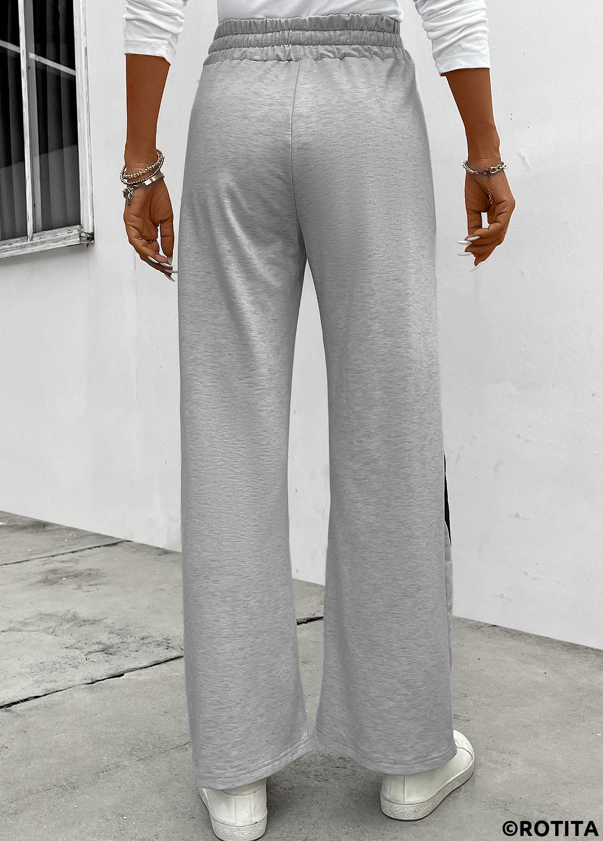 Grey bottoms,Contrast Color bottoms,Drawstring Grey Elastic Waist High Waisted Pants