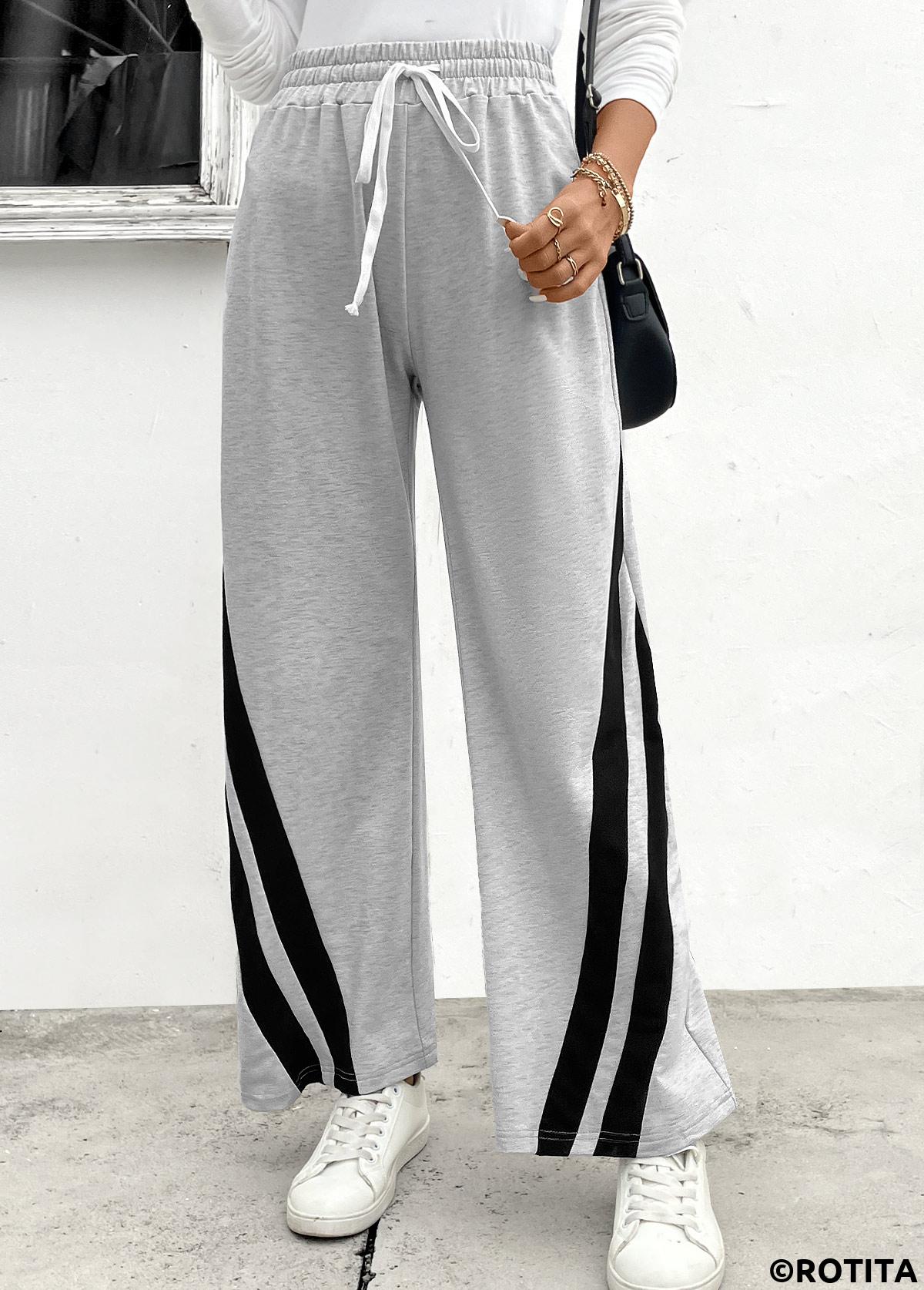 Grey bottoms,Contrast Color bottoms,Drawstring Grey Elastic Waist High Waisted Pants
