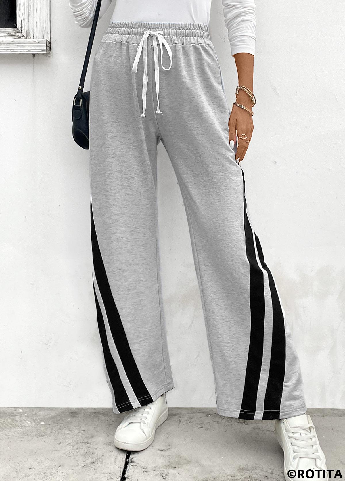 Grey bottoms,Contrast Color bottoms,Drawstring Grey Elastic Waist High Waisted Pants