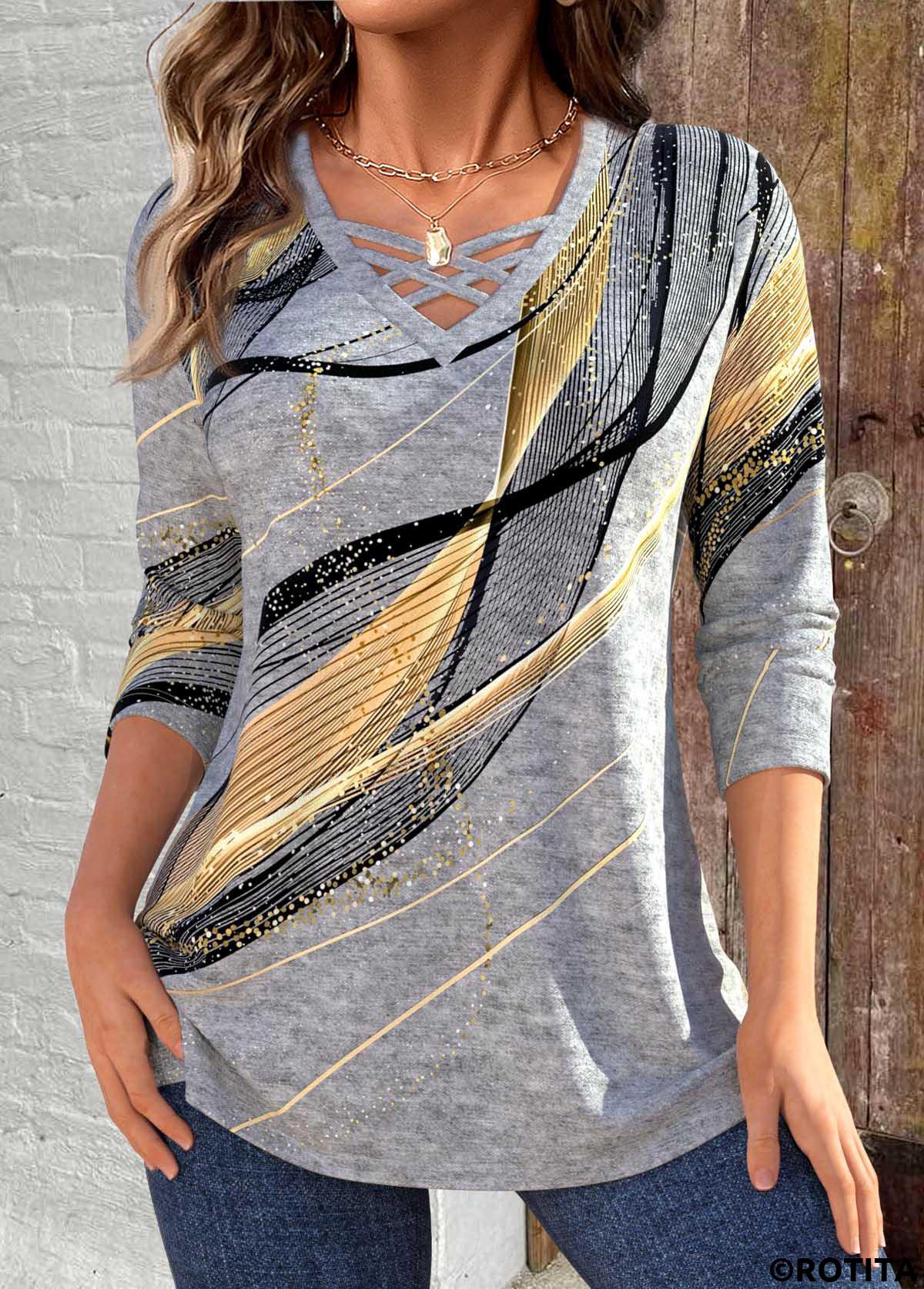 Light Grey Marl plus size,Geometric plus size,ROTITA Plus Size Criss Cross Light Grey Marl T Shirt