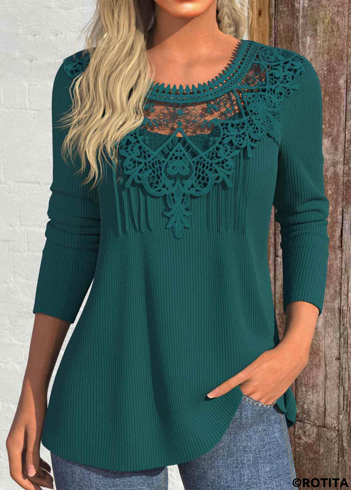 Blackish Green tops,Plain Color tops,ROTITA Patchwork Blackish Green Round Neck Long Sleeve T Shirt