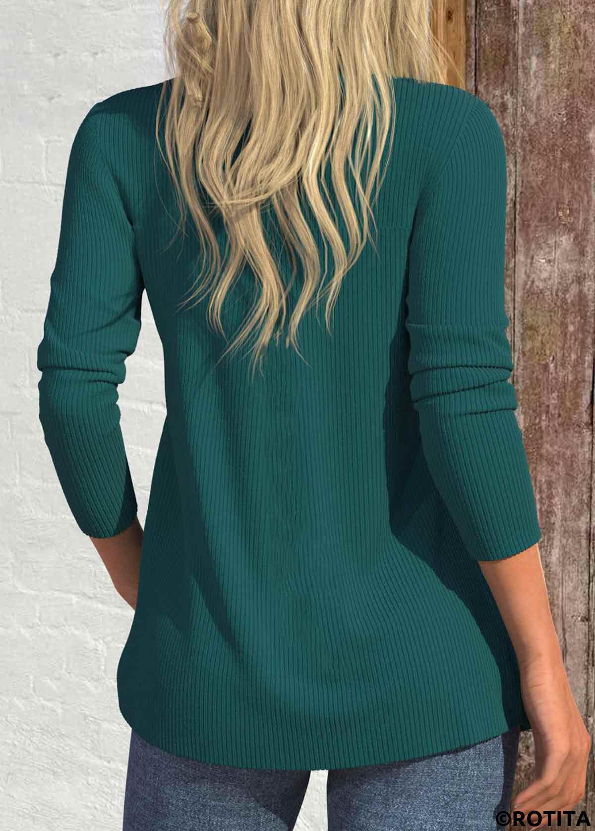 Blackish Green tops,Plain Color tops,ROTITA Patchwork Blackish Green Round Neck Long Sleeve T Shirt