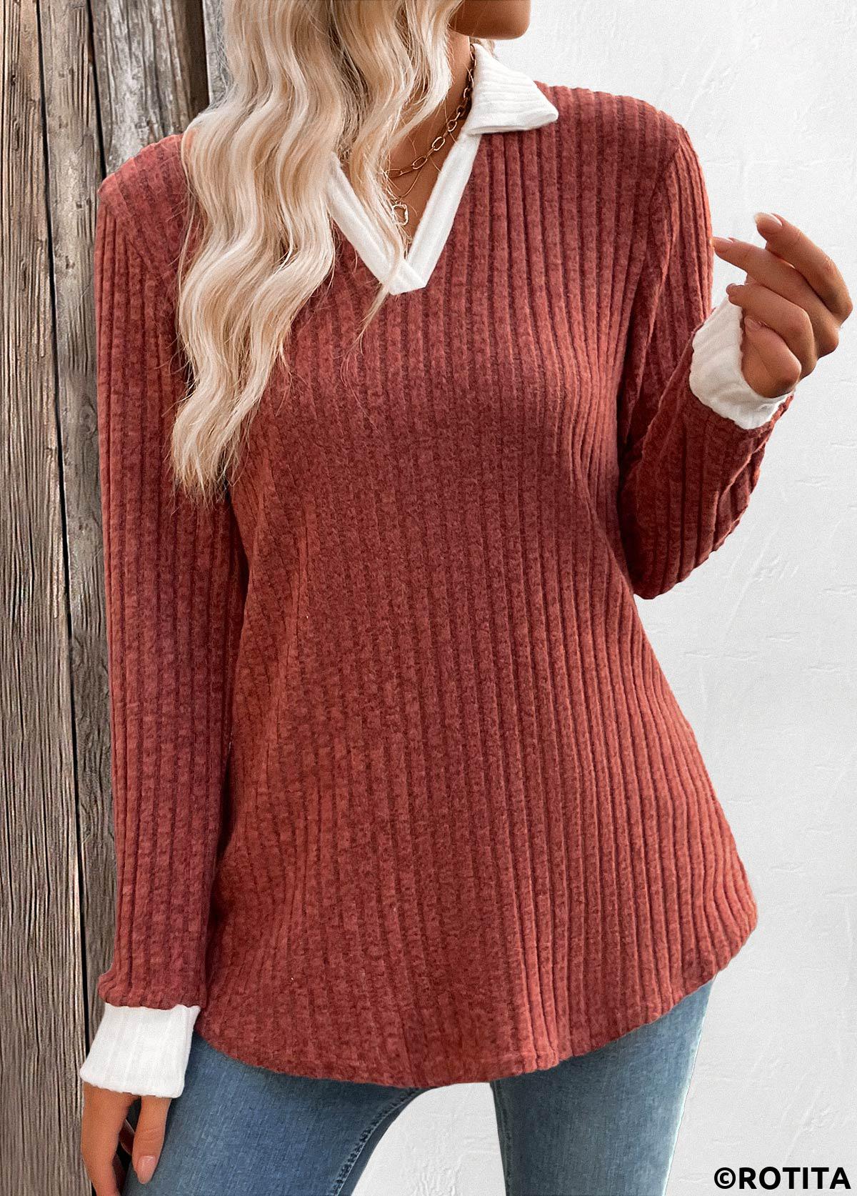Brick Red tops,Contrast Color tops,ROTITA Patchwork Brick Red Turn Down Collar T Shirt