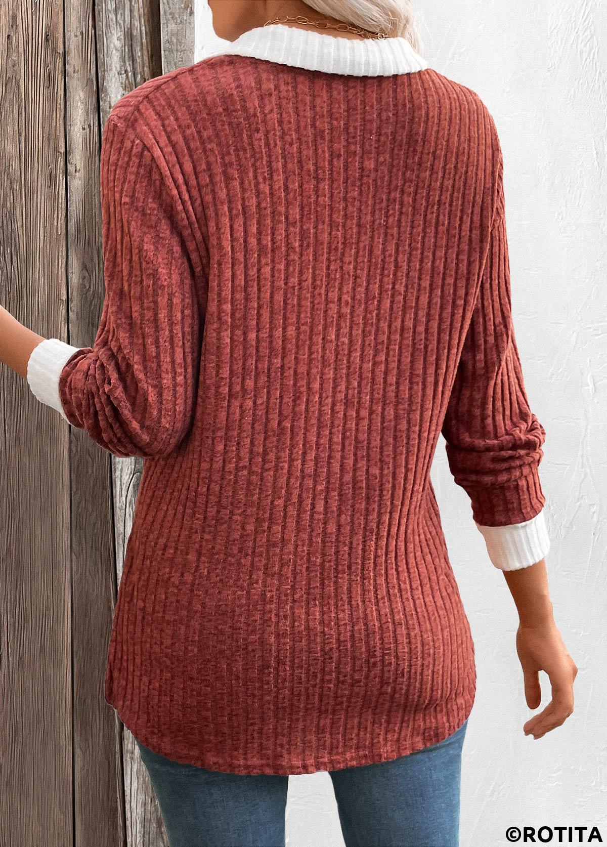 Brick Red tops,Contrast Color tops,ROTITA Patchwork Brick Red Turn Down Collar T Shirt