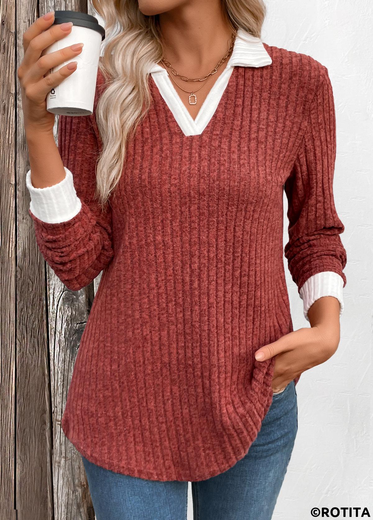 Brick Red tops,Contrast Color tops,ROTITA Patchwork Brick Red Turn Down Collar T Shirt
