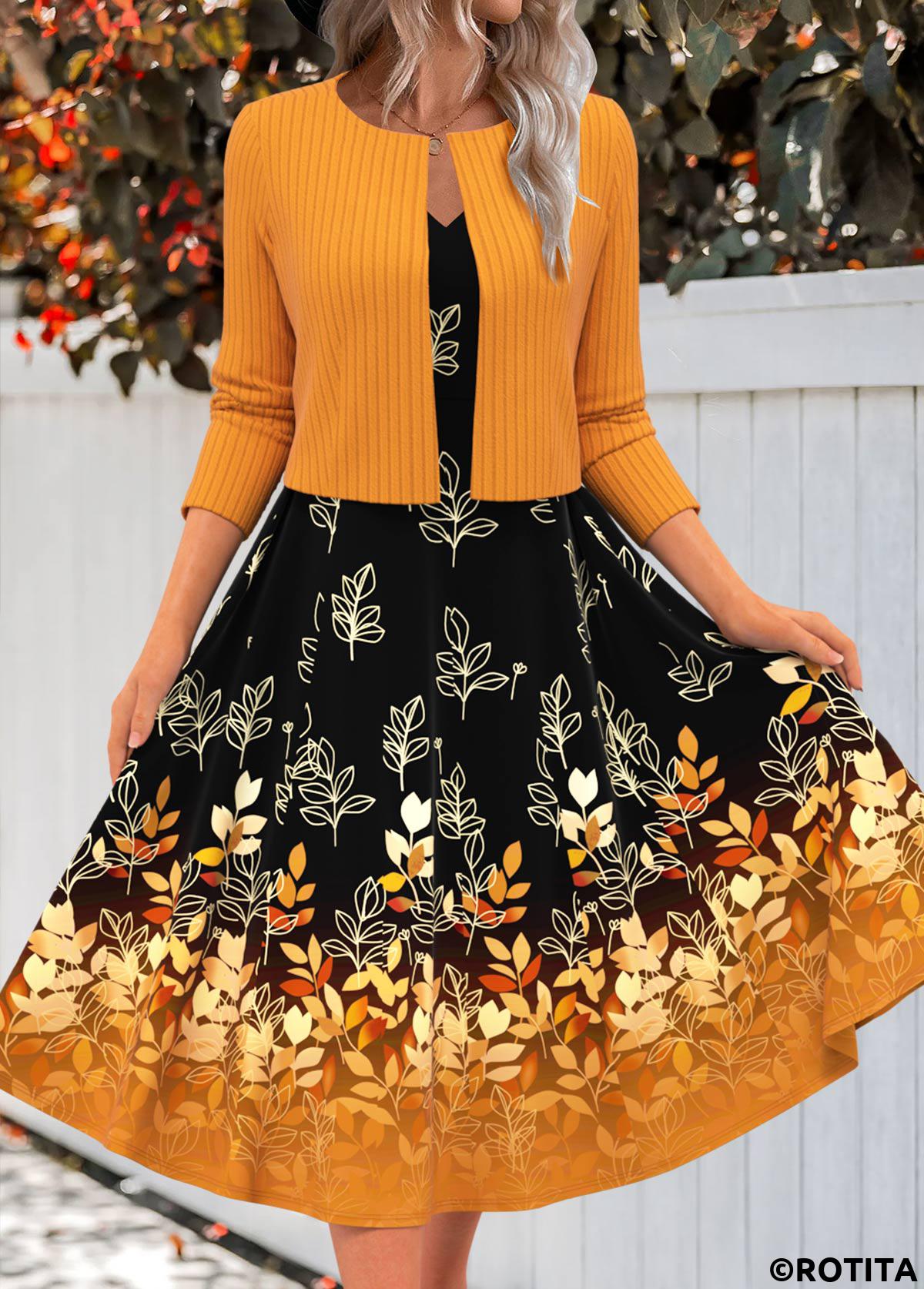 Robe à col en V et cardigan à imprimé floral en terre cuite avec fermeture éclair Rotita