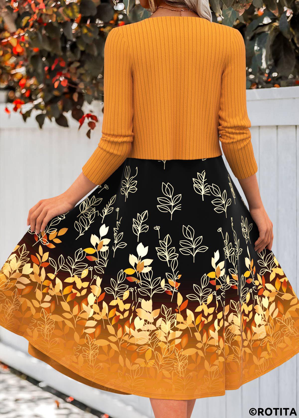 Robe à col en V et cardigan à imprimé floral en terre cuite avec fermeture éclair Rotita