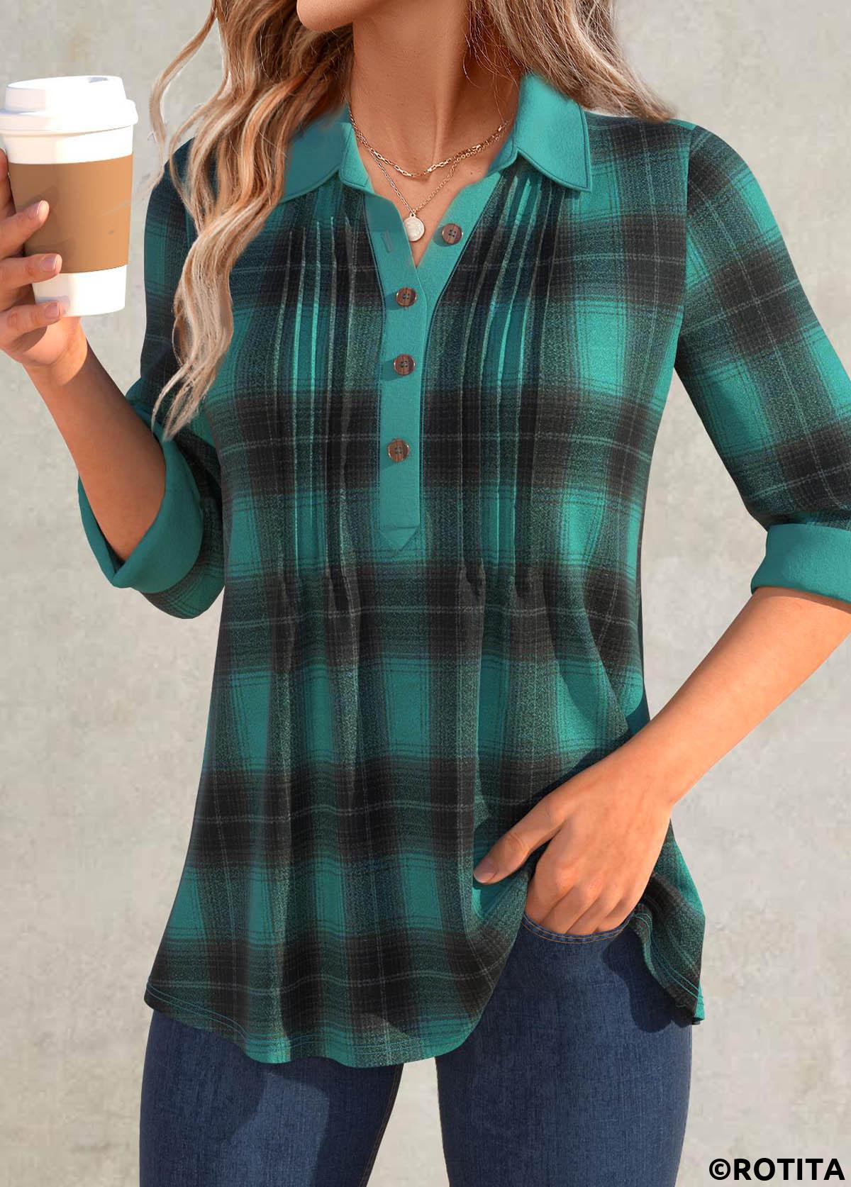 Turquoise tops,Plaid tops,ROTITA Button Plaid Turquoise Long Sleeve Shirt